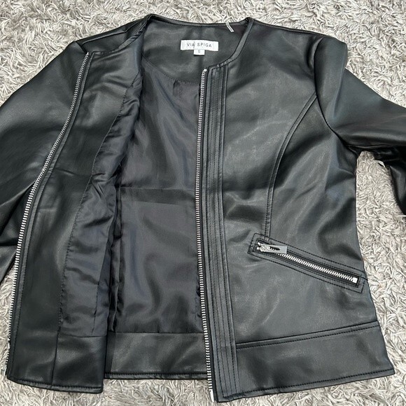 NEW VIA SPIGA Women Collarless Pleather Moto Jacket Black Size S or XL - Picture 10 of 12